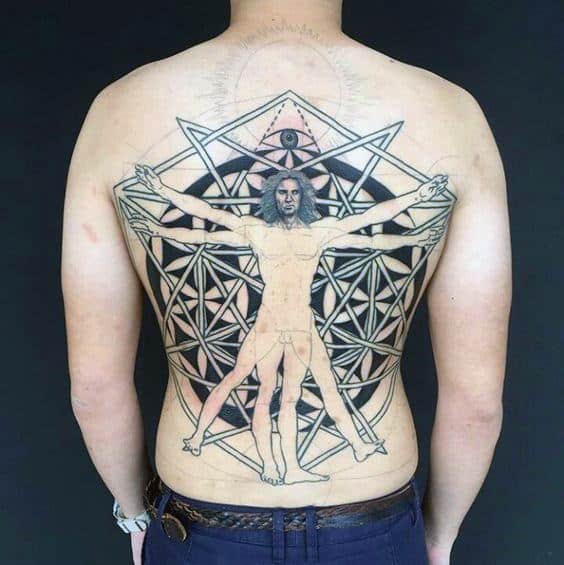Mens Flower Of Life Vitruvian Man Back Tattoo