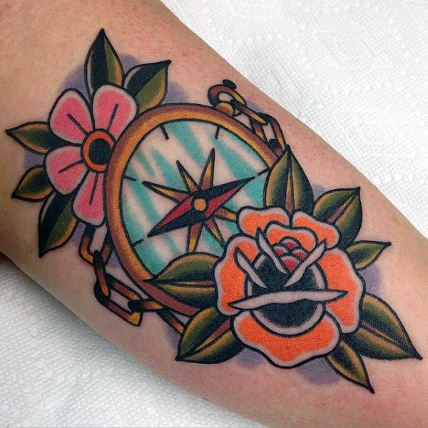 Mens Flowers With Traditional Compass Old School Arm Tattoos