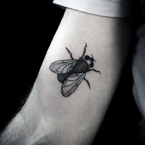 Fine line fly tattoo on the inner arm with clean detailing and soft black shading for a subtle, realistic insect design.