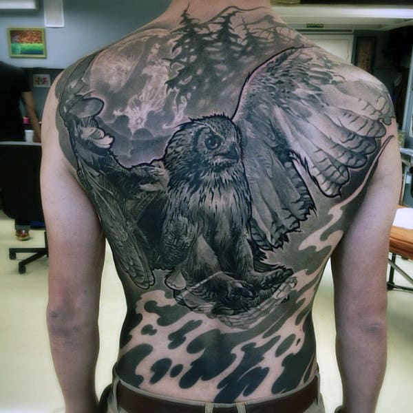 Mens Flying Owl Black Ink Back Tattoo