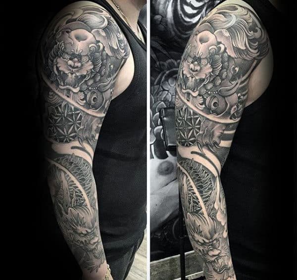 Mens Foo Dog Full Sleeve Shaded Tattoos
