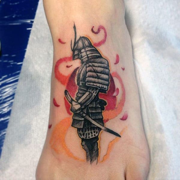 Tattoo of a samurai in armor with an orange and red background on the top of a foot