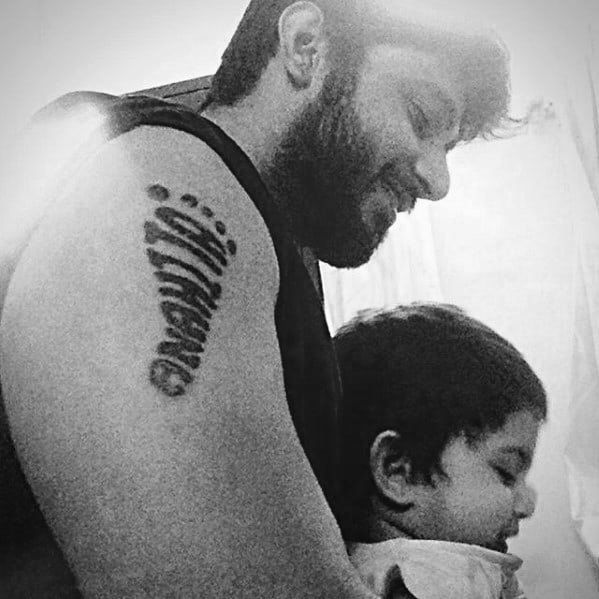 mens footprint kids name unique upper arm tattoo