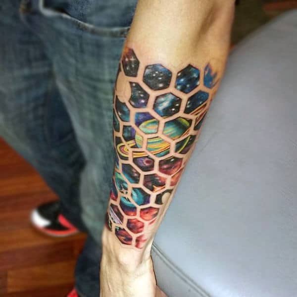 Mens Forearm Galaxy In Honeycomb Tattoo