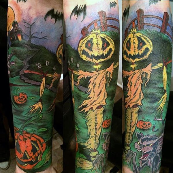 Mens Forearm Green Fields And Pumpkin Halloween Tattoo