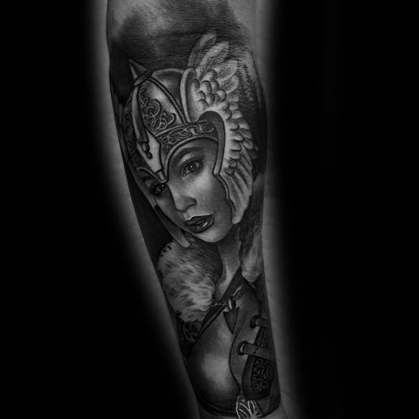 Mens Forearm Heavily Shaded Valkyrie Tattoo Ideas