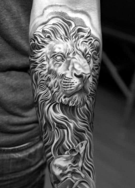 Mens Forearm Lion And Mouse Sleeve Tattoo