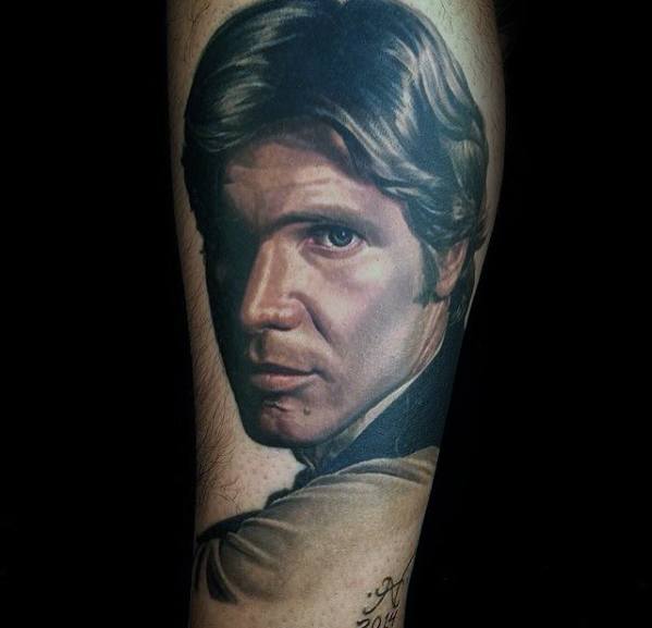 Mens Forearm Realistic Portrait Tattoo Ideas With Han Solo Design