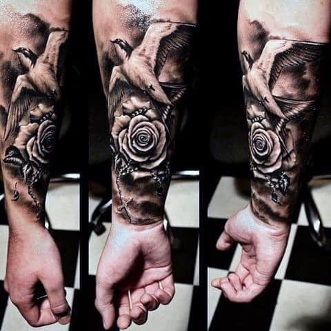 Mens Forearm Realistic Rose And Sparrow Tattoo