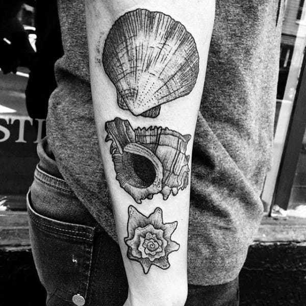 Mens Forearm Seashells Tattoos