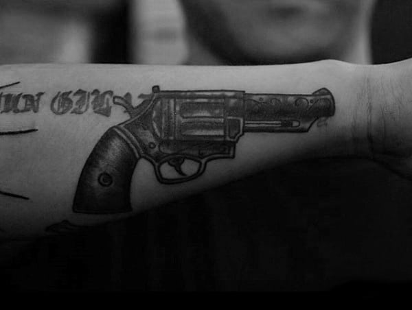 Mens Forearm Shaded Pistol Tattoo