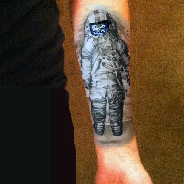 Mens Forearm Shiny Earth Inside Astronaut Tattoos