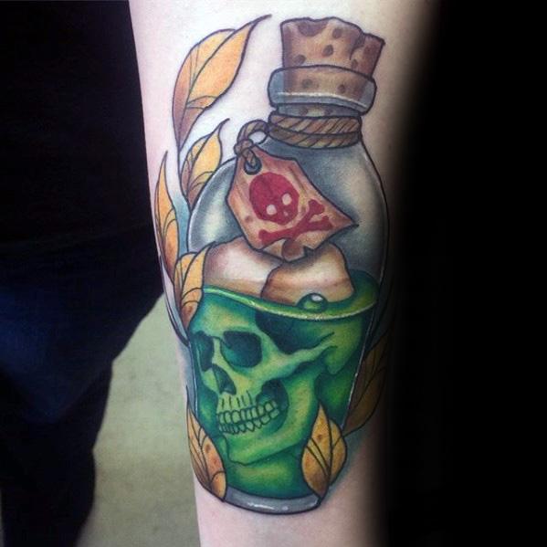Mens Forearm Skull Green Poison Bottle Tattoo Ideas