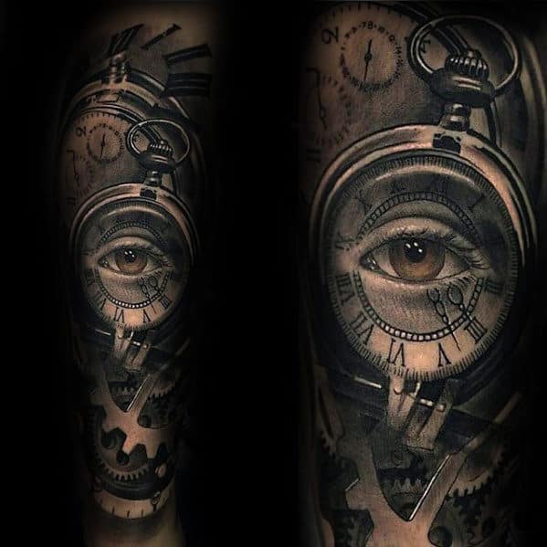 Mens Forearm Sleeve 3d Pocket Watch Gears Tattoo