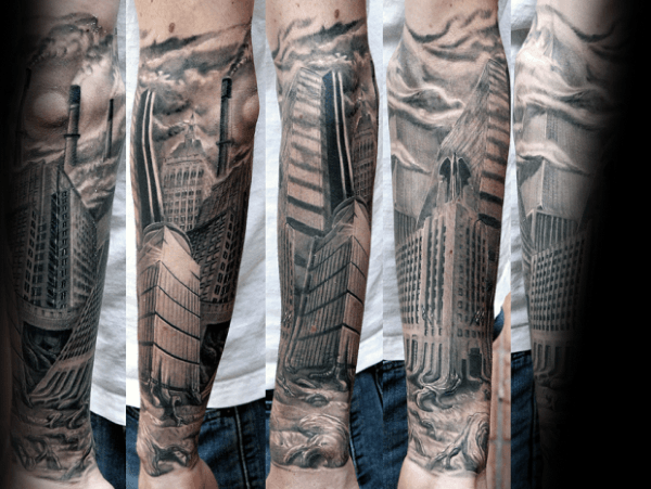 Mens Forearm Sleeve Building Skyscraper City Tattoo
