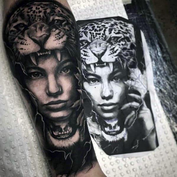 Mens Forearm Sleeve Cheetah With Female Portrait Realistic Tattoo