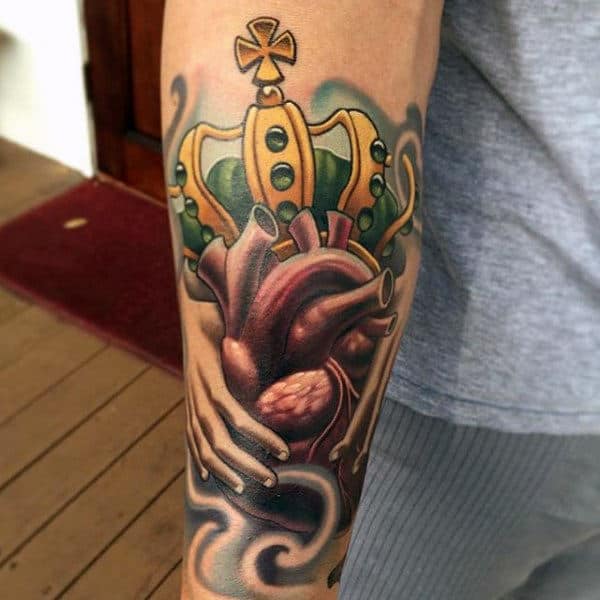 Mens Forearm Sleeve Claddagh With Anatomical Heart Design