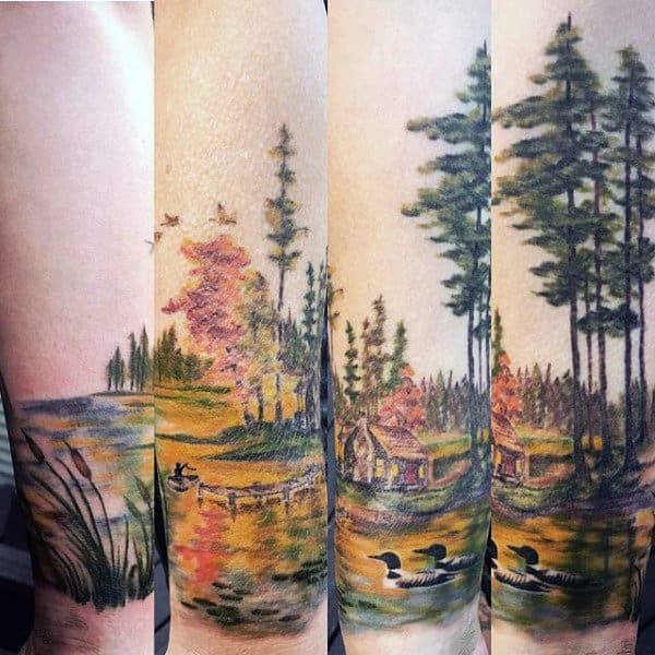 Mens Forearm Sleeve Landscape Pond Tattoos