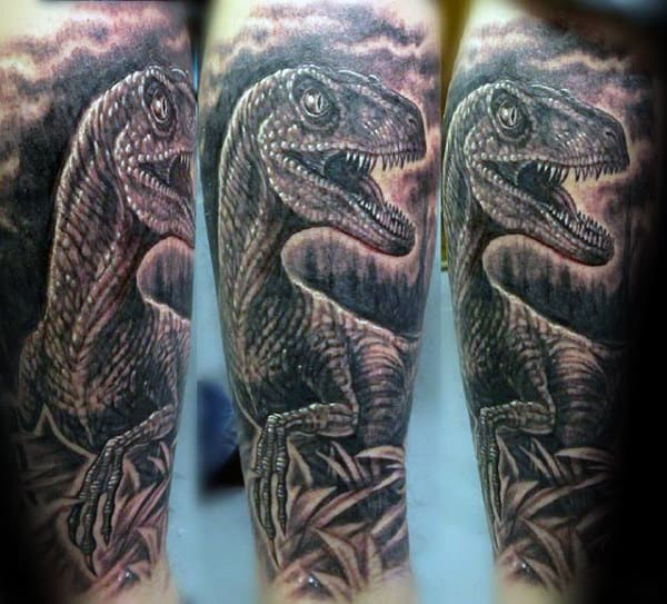 Mens Forearm Sleeve Tattoo Of Velociraptor Dinosaur