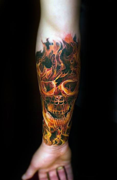 Mens Forearm Sleeve Tattoo With Flaming Skull Design