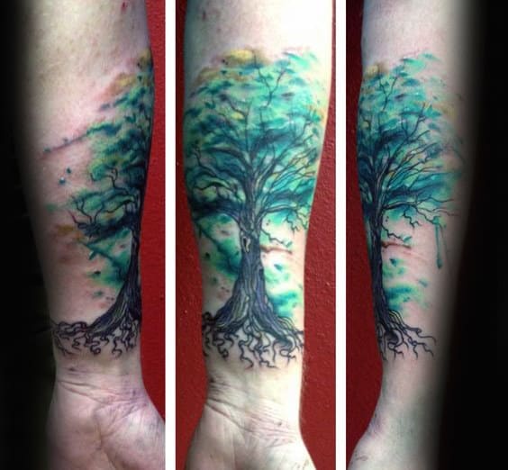 Mens Forearm Thick Rooted Watercolor Tree Tattoo