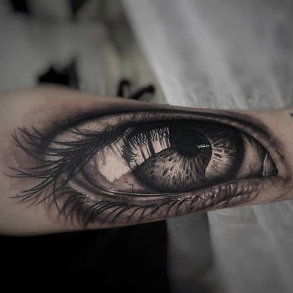 Mens Forearms 3D Black Eye With Lash Tattoo
