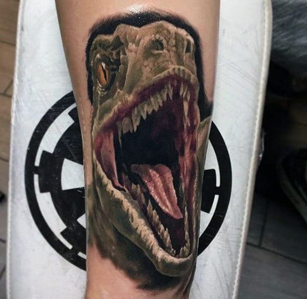 Mens Forearms 3D Open Mouthed Dinosaur Tattoo
