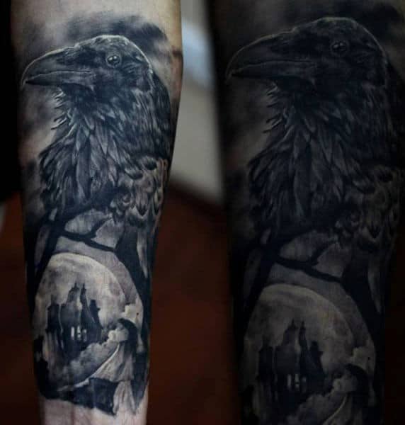Mens Forearms Beautiful Grey Shaded Raven Tattoo