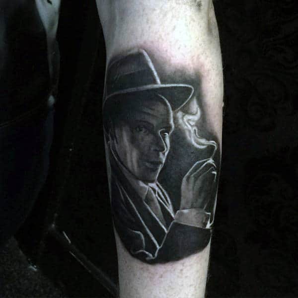 Mens Forearms Black And Grey Man Smoking Cigar Tattoo