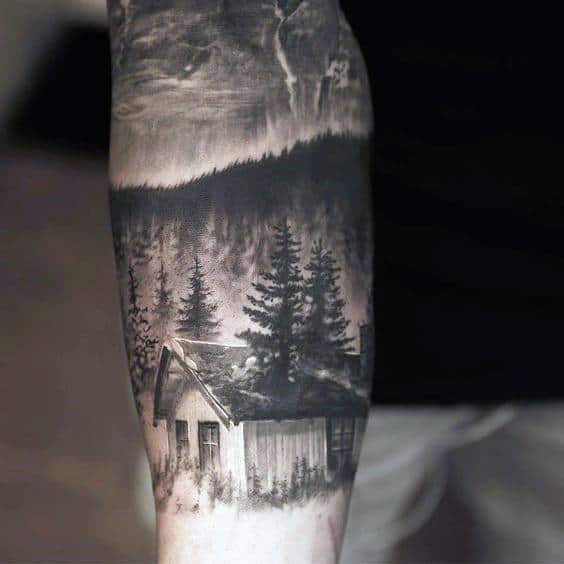 Mens Forearms Black And Grey Tattoo Of Hillside House And Pines