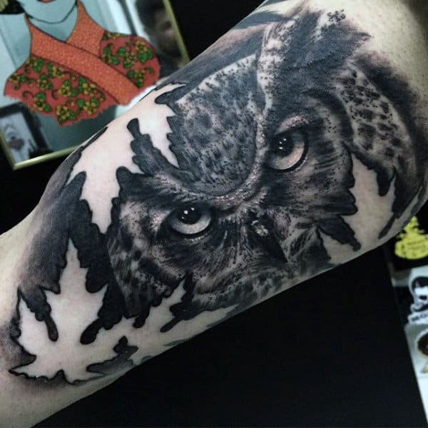 Mens Forearms Black And Grey Tattoo Owls Eye