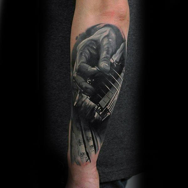 Mens Forearms Black And White Hands Playing Music Tattoo