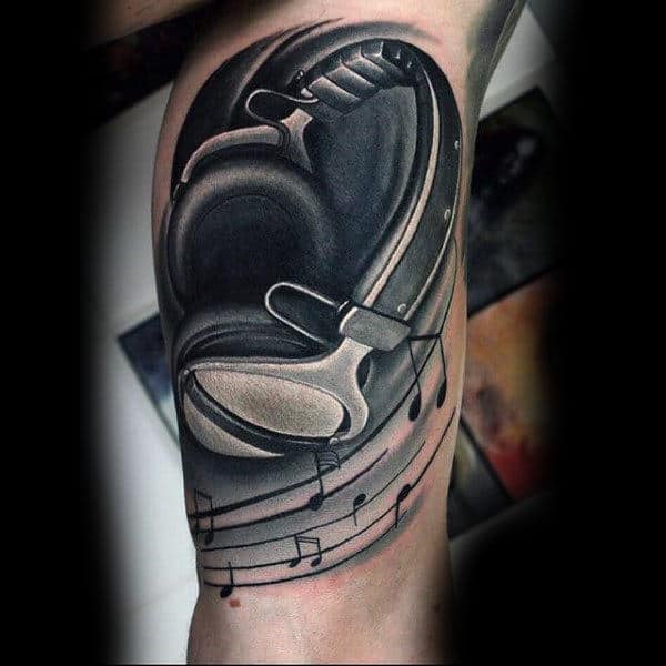 Mens Forearms Black And White Headphone Musical Tattoo