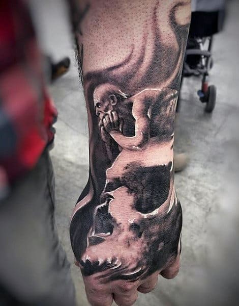 Mens Forearms Black And White Skull And Smoke Tattoo