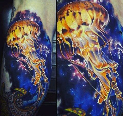 Mens Forearms Blazing Yellow Jellyfish Tattoo