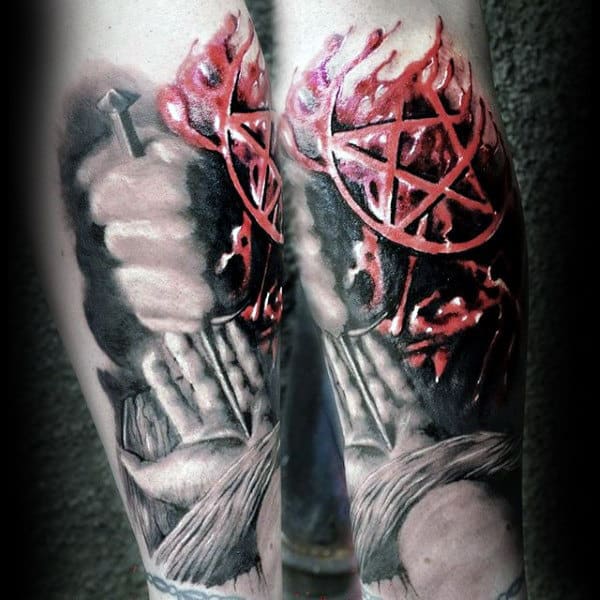 Mens Forearms Blinding Red Pentagram Tattoo