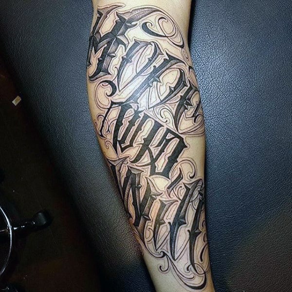 Mens Forearms Bold Black Lettering Tattoo