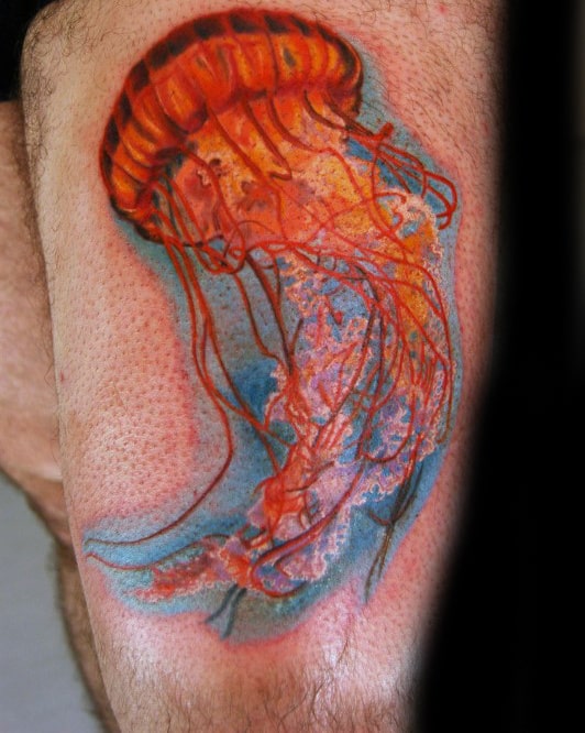 Mens Forearms Bright Orange Jellyfish Tattoo