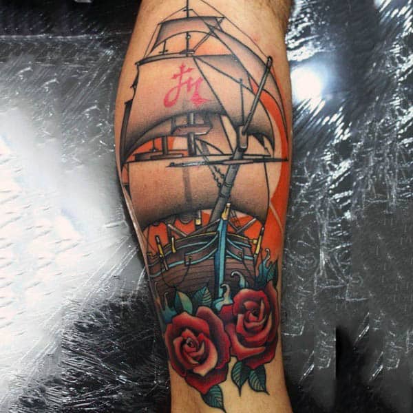 Mens Forearms Chinese Sailed Ship Roses Neo Traditional Tattoo