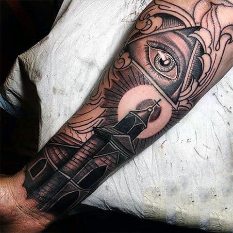 Mens Forearms Church And Illuminati Tattoo