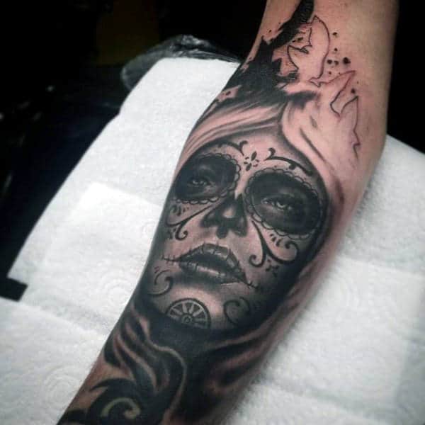 Mens Forearms Contemplating Day Of The Dead Woman Tattoo