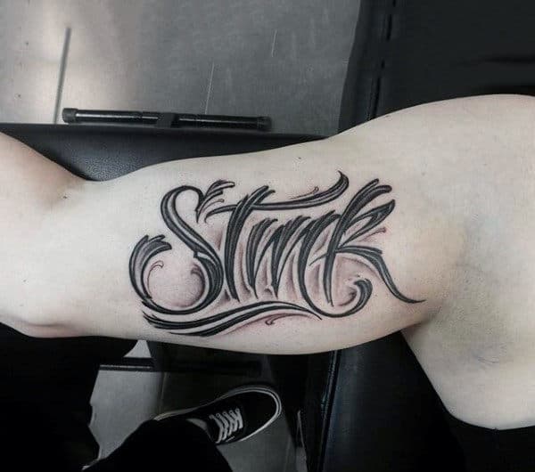 Mens Forearms Decorative Black Lettering Tattoo