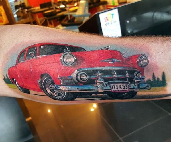 Mens Forearms Flashy Red Car Hot Rod Tattoo