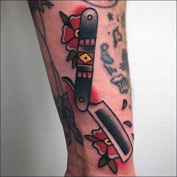 Mens Forearms Floral Straight Razor Tattoo Ideas
