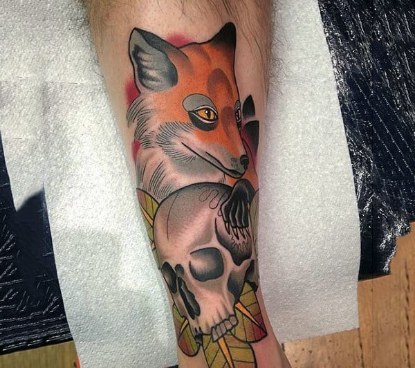 Mens Forearms Fox And Skull Tattoo