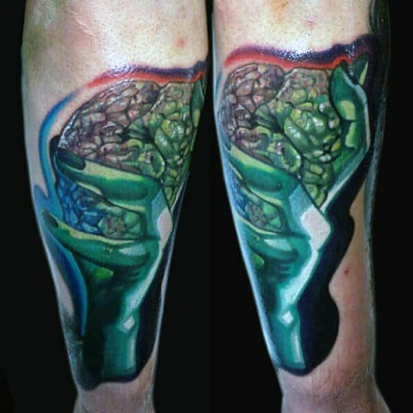 Mens Forearms Greenish Slimy Brain Tattoo