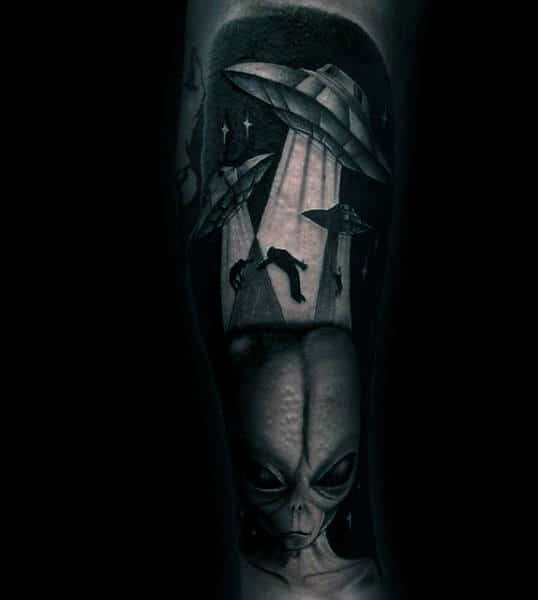 Mens Forearms Grey Black Spaceships And Alien Tattoo
