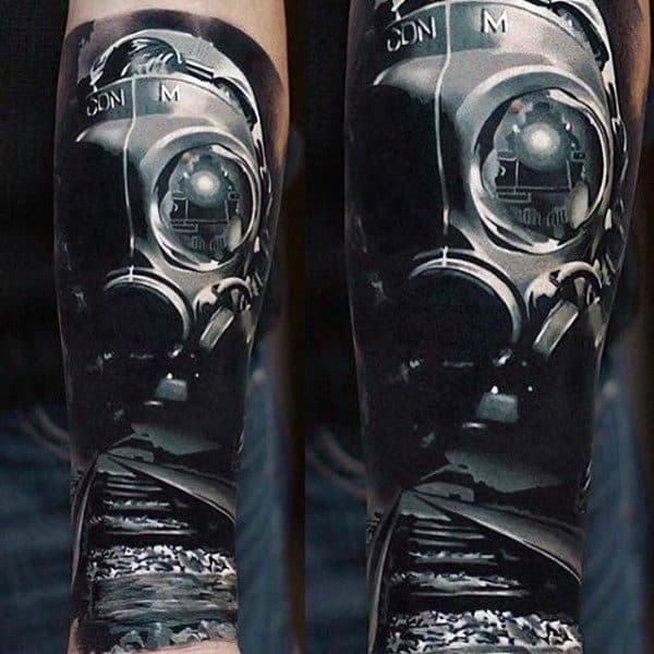 Mens Forearms Grey Railway Track Realism Tattoo