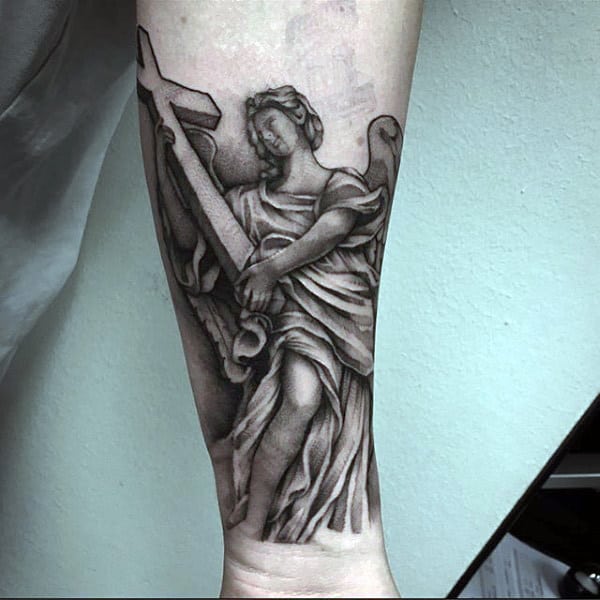 Mens Forearms Guardian Angel And Cross Tattoo