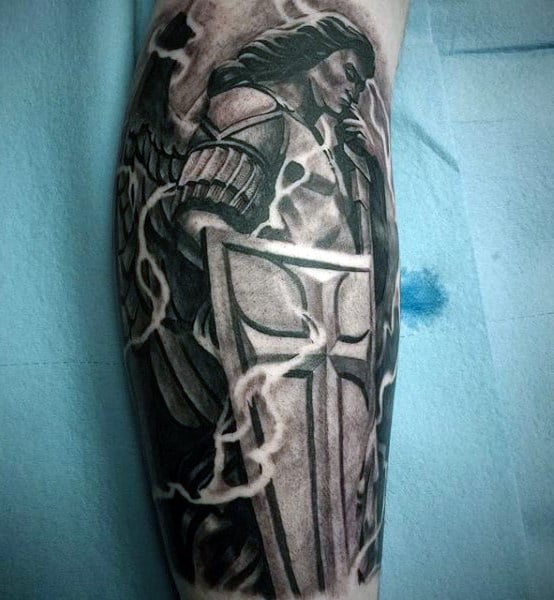 Mens Forearms Guardian Angel With Huge Shield Tattoo